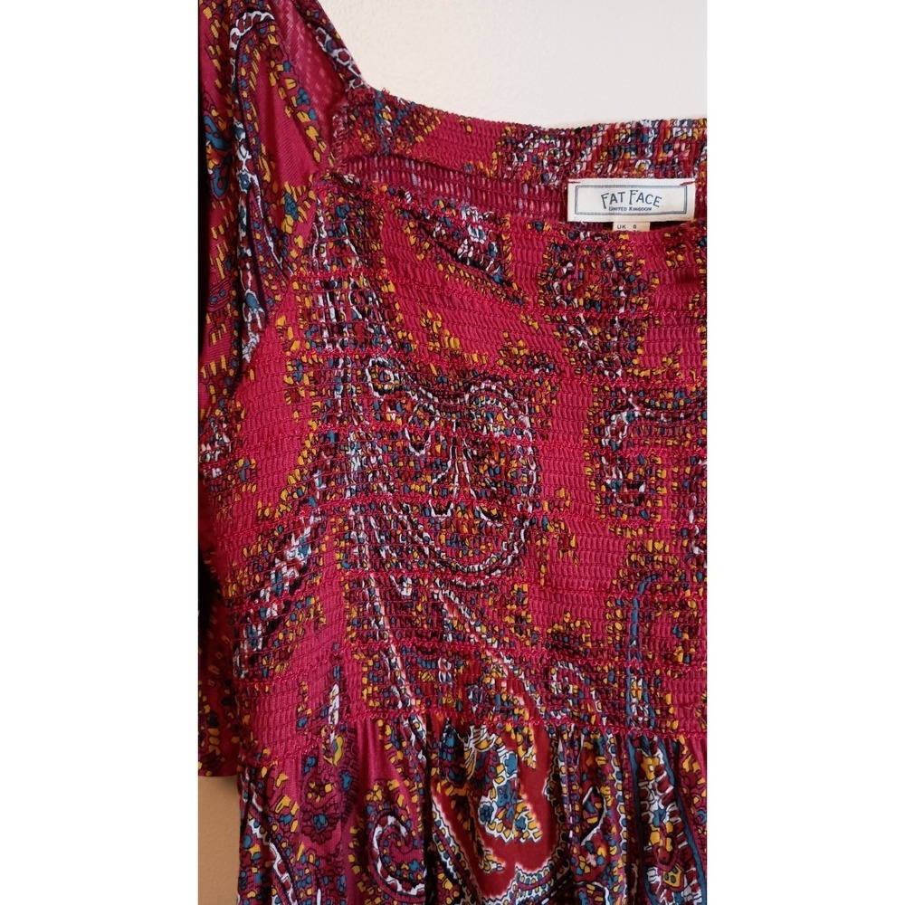 Fat Face Paisley Jersey Dress Cherry Red Size 4 NWT Smocked Pockets Boho Casual - Picture 7 of 13